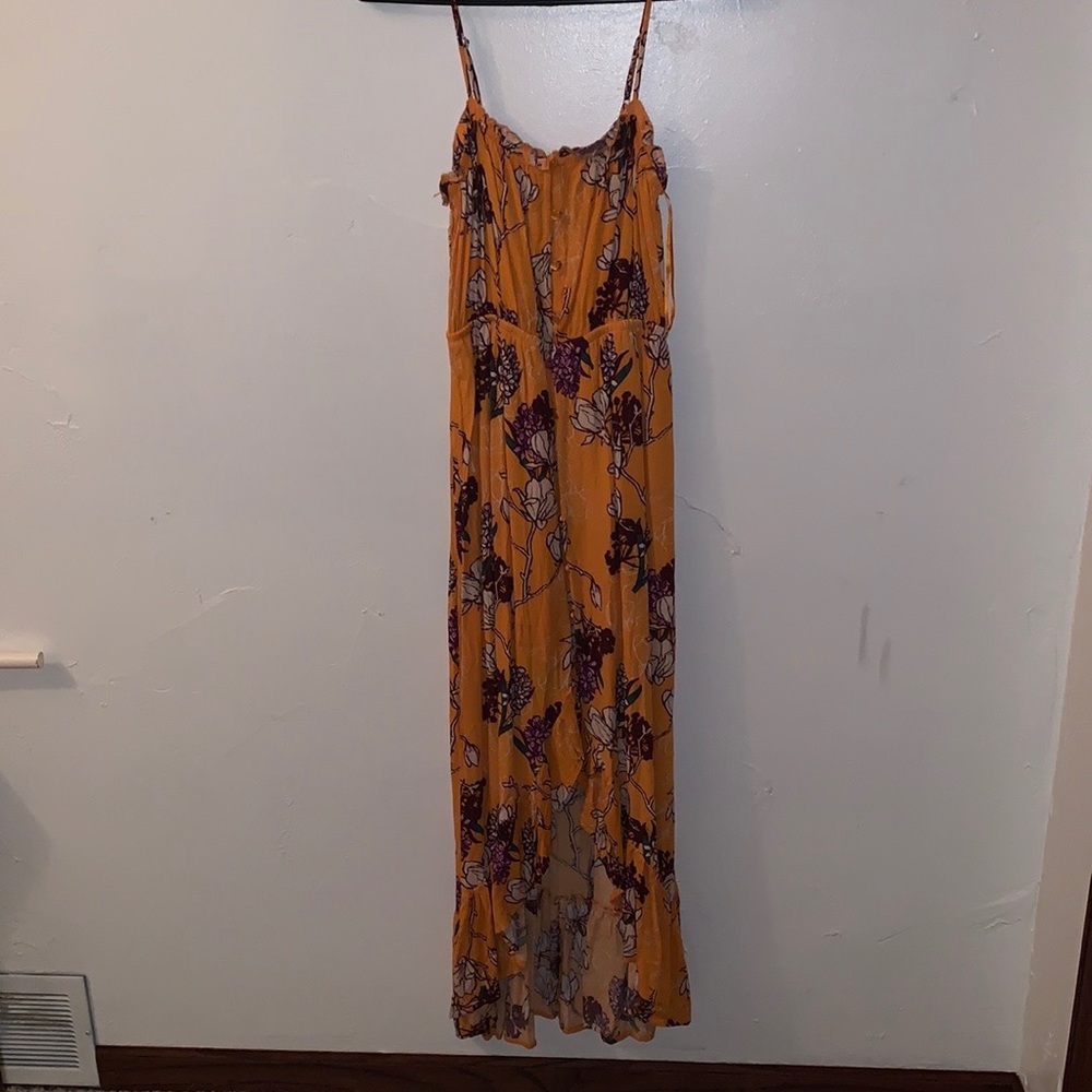 Small floral print yellow spaghetti strap dress with front split